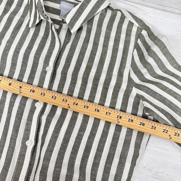 CHICO'S Striped Linen Blend Maxi Tunic Top Size 8-10 Belted Gray White Lagenlook - Picture 12 of 15